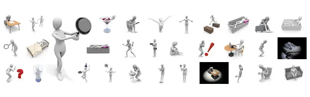 フライパンで料理、ソファで睡眠、ワインを飲む、ヨガ、トイレ、驚く様子など、女性の日常生活や家事、喜怒哀楽の感情表現を集めた3D人物素材セット。