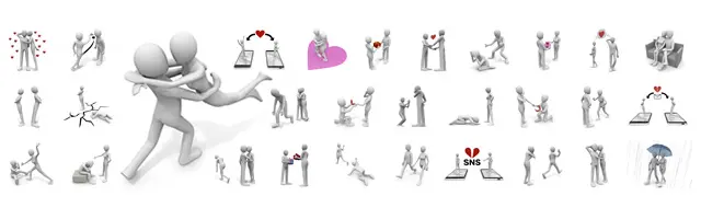 抱擁、プロポーズ、スマホでの連絡、喧嘩して背を向ける、別れなど、カップルや夫婦の恋愛における幸せなシーンとトラブルを描写した3D人物素材セット。