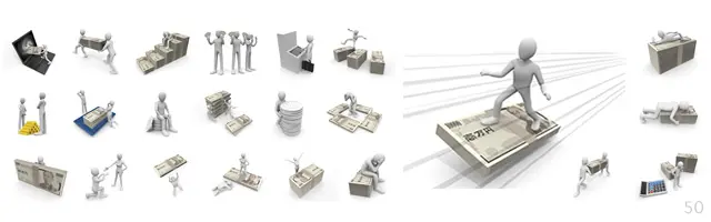 札束に乗る、お金に押しつぶされる、金塊を眺める、ATM操作、階段状の札束を登るなど、投資の成功や借金などお金と人生を表現した3D人物素材セット。