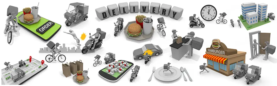 バイクや自転車での配送、スマホでの地図確認、商品の受け渡し、配達トラブルなど、フードデリバリーサービスの配達員業務を描いた3D人物素材セット。